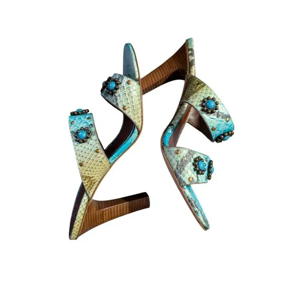 J Vincent Turquoise Heels Sandals w/ Snake Print Pattern & Beaded Details Sz 10 - Picture 3 of 6